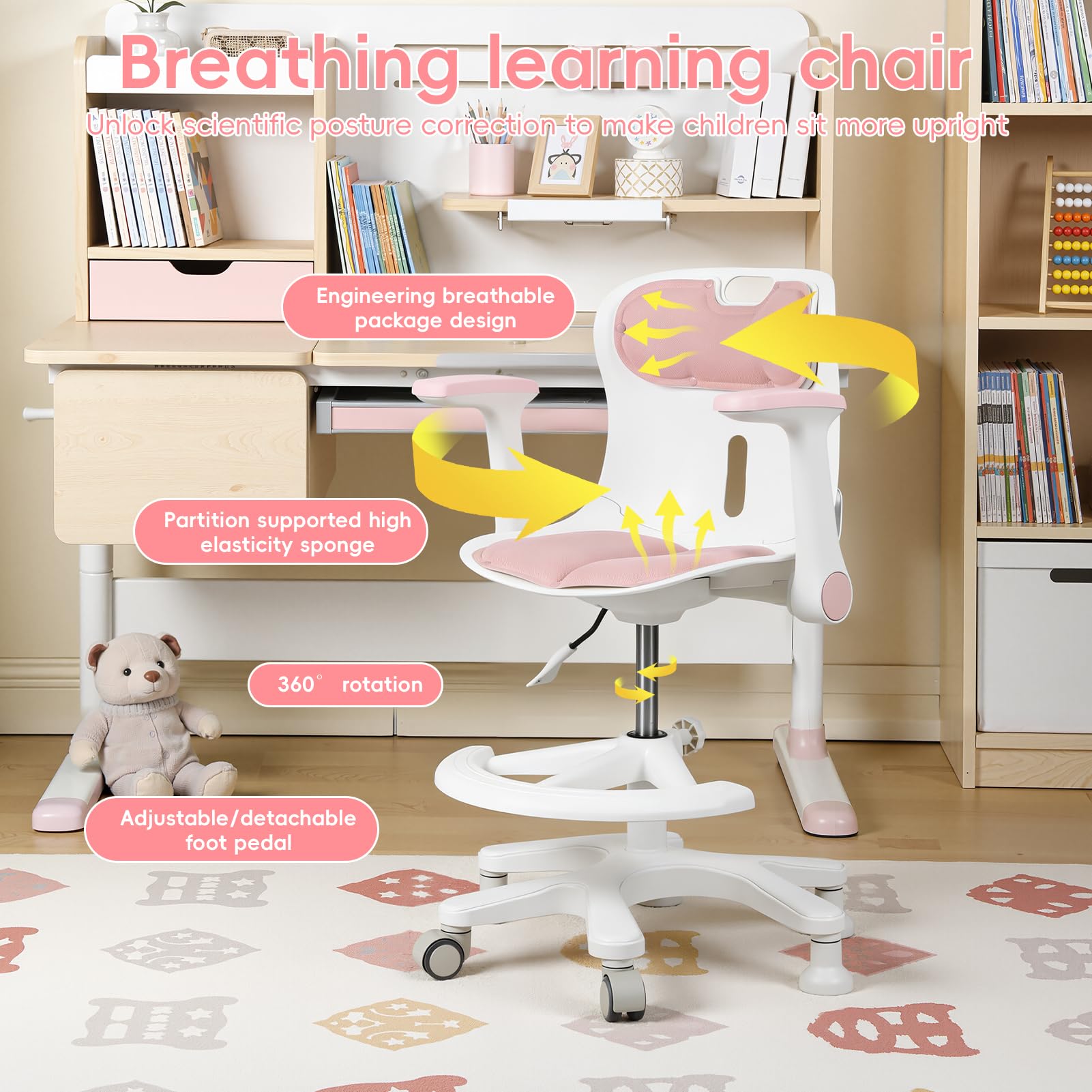Chaise de Bureau Enfant, Siege Enfant reglable, Fauteuil Etude Ergonomique pivotant 360 degres, Hauteur Ajustable, accoudoirs relevables, Repose Pieds, Chaise Ordinateur Garcon Fille (Pink)