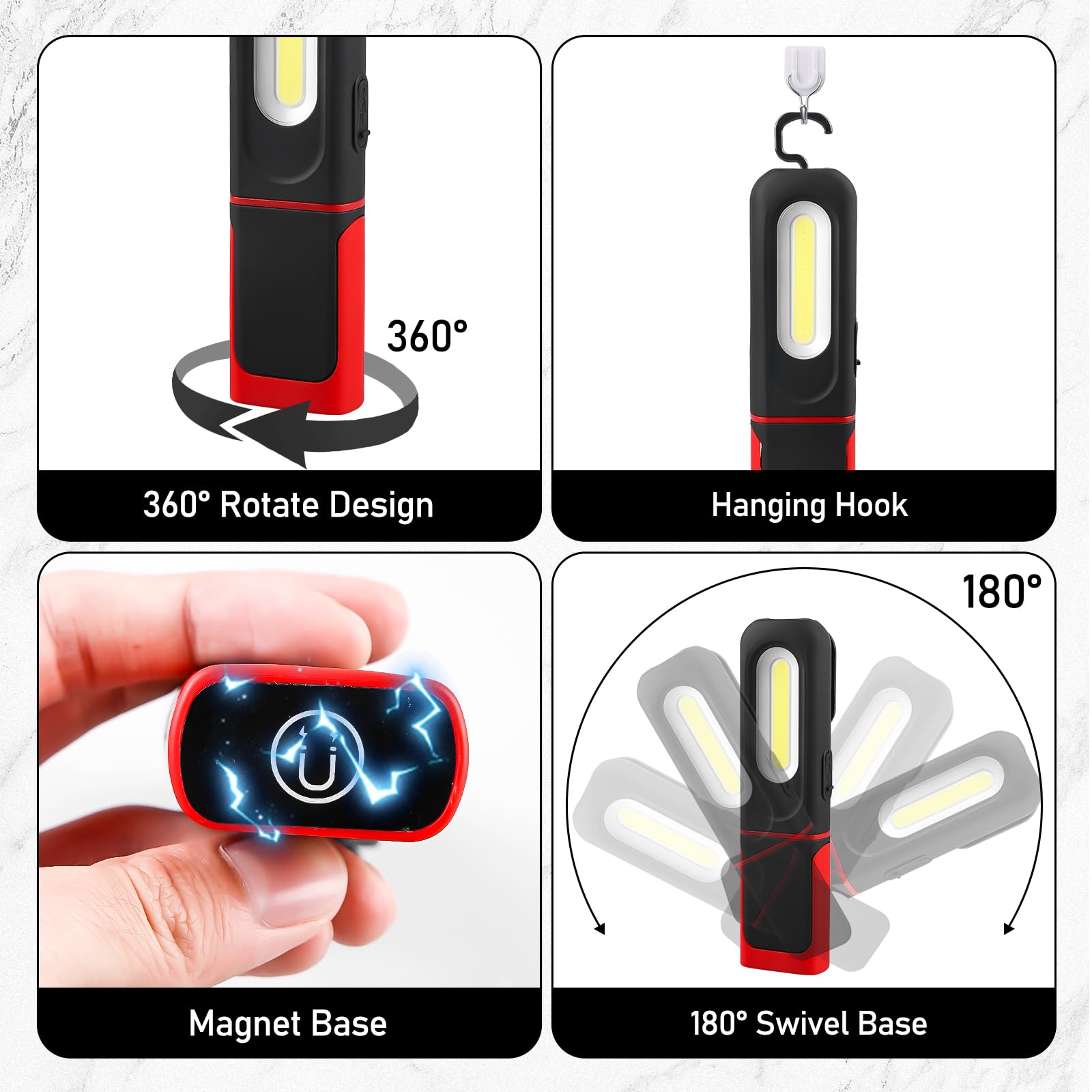 2 lampade da lavoro a LED, batteria da 1200 mAh, COB da officina con gancio e base magnetica, 3 modalità di luce da 5 W, torcia LED ricaricabile, torcia da officina con funzione girevole a 360°, per