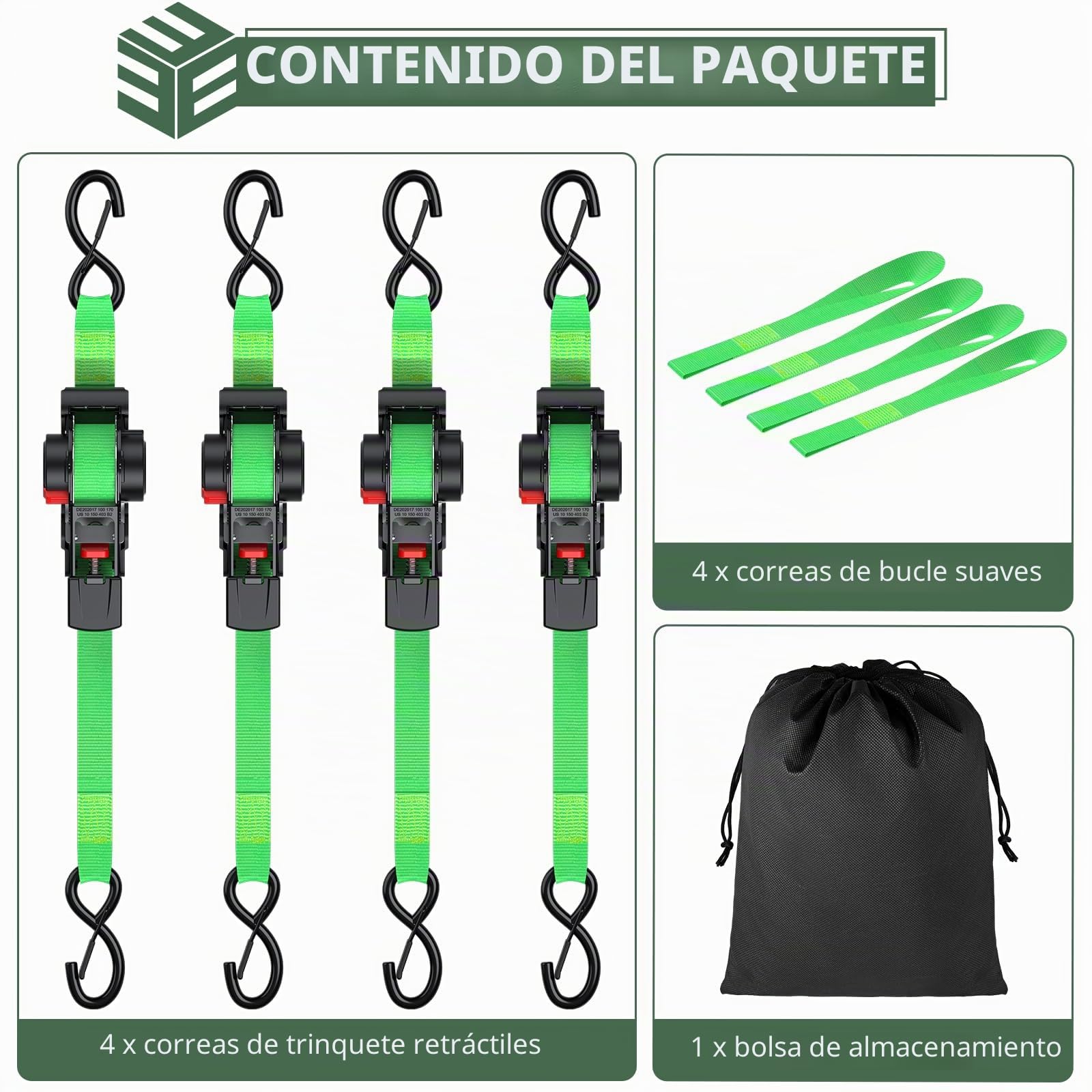 EYPINS Correas retráctiles de Amarre de trinquete (Paquete de 4) – 3,5 m de Longitud, 640 kg de Resistencia a la Rotura, Mecanismo de retracción automática, Ganchos en S con Bloqueo de Resorte y Asas