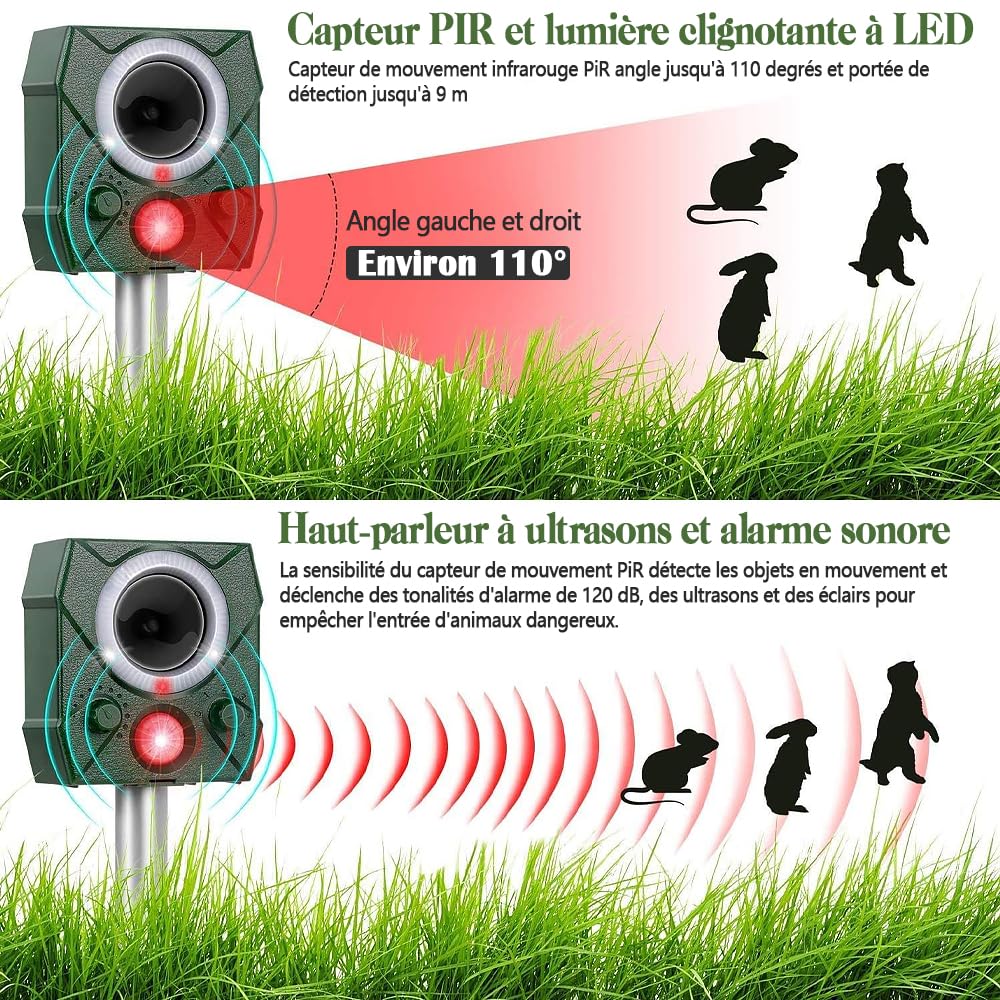 Solaire Ultrason Souris et Rats, Étanche Repulsif Souris et Rats Ultrason Puissant, Piège à Souris avec Lumière LED Contre Les Chats, Chiens et Divers Nuisibles Convient aux Jardins et Aux Cour