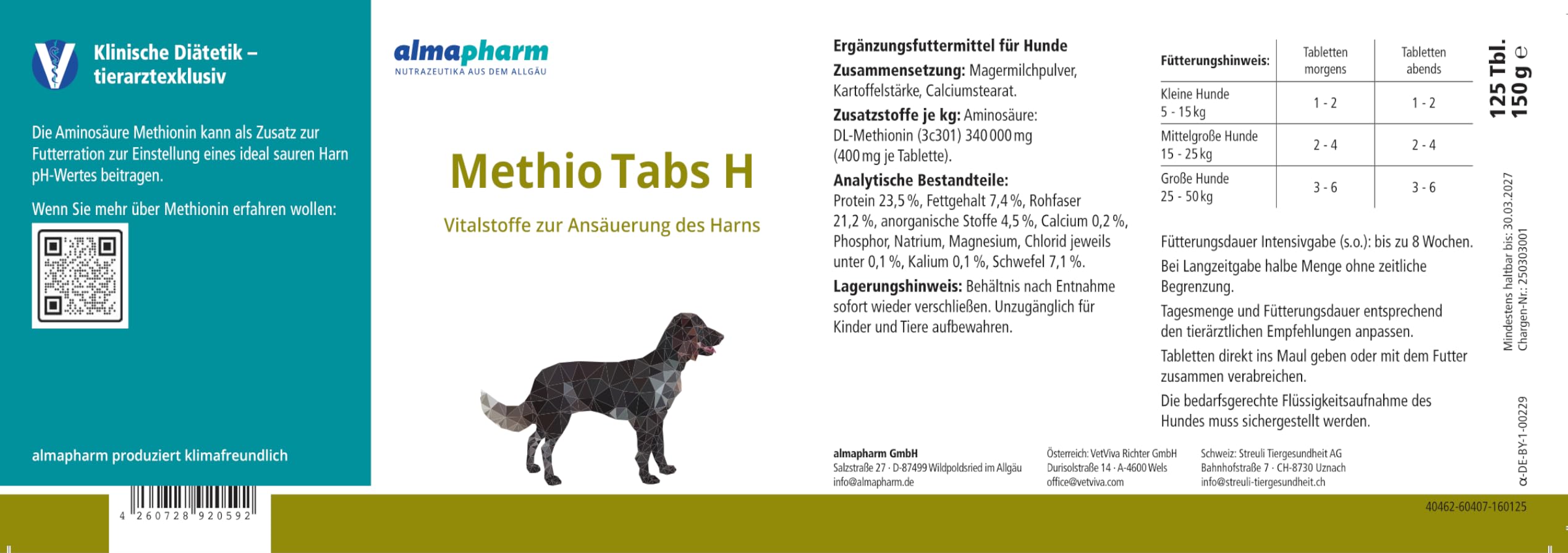 Almapharm Methio Tabs H | 125 Stück | Diät-Ergänzungsfuttermittel für Hunde | Zur Unterstützung der Auflösung von Struvitsteinen