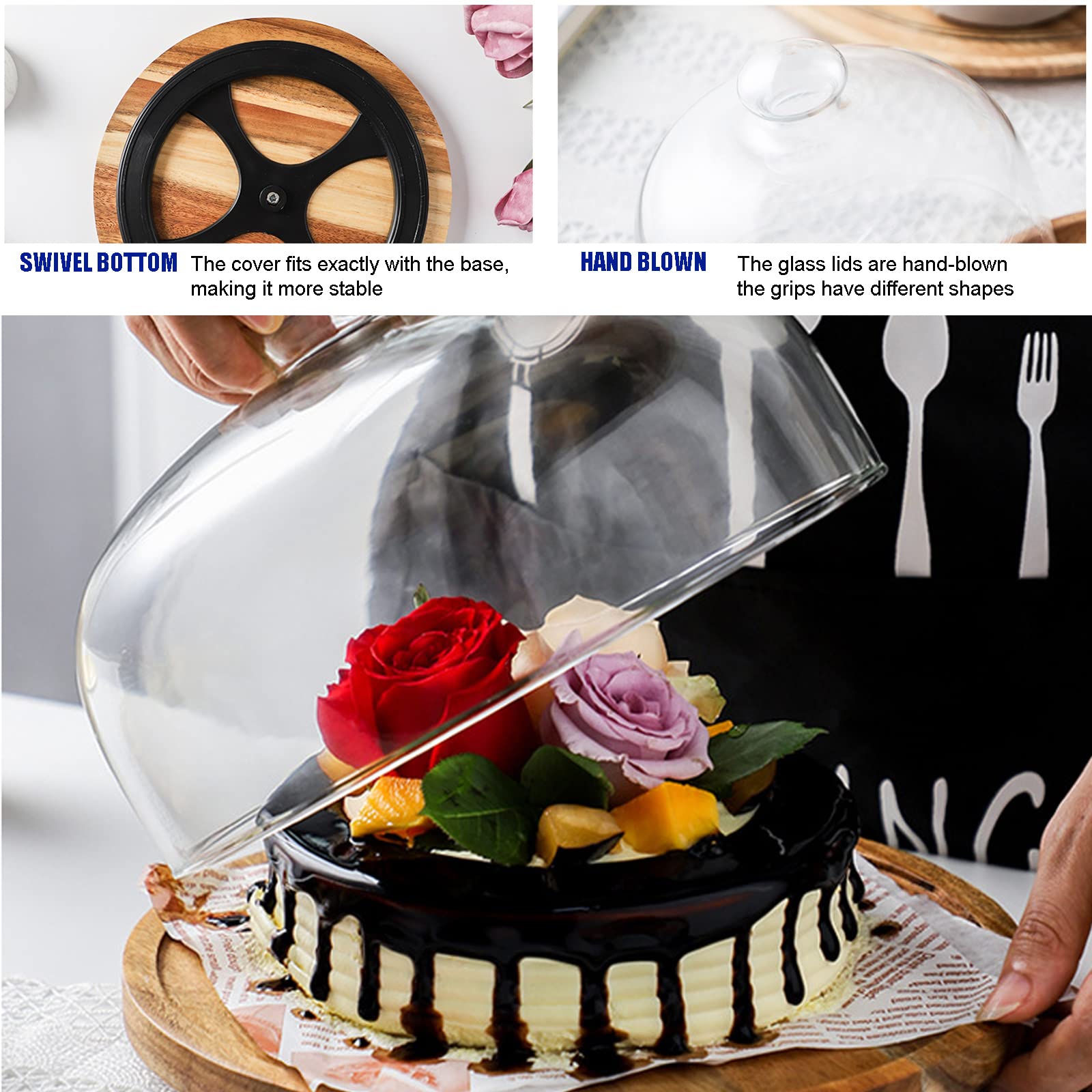 Campana de Cristal para Tartas Soporte para Tartas Plato para Tartas Campana de Cristal con Pie Multifuncional de Madera para Servir Decoración para Mesa de Boda (A 18cm/7.08in)