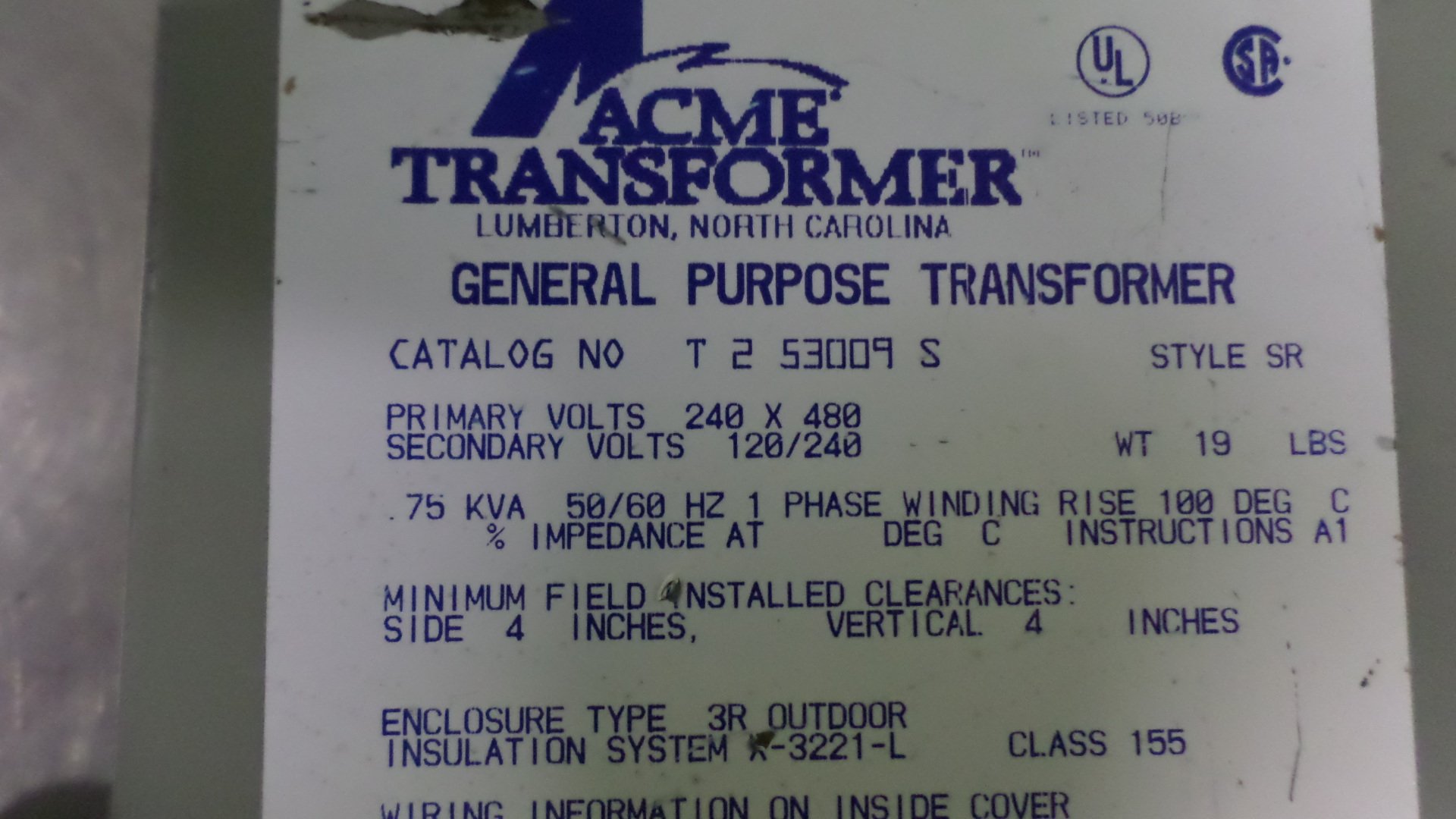 Acme Electric T253009S Transformer, 750VA, 1P, 240/480V, 120/240V, Isolation