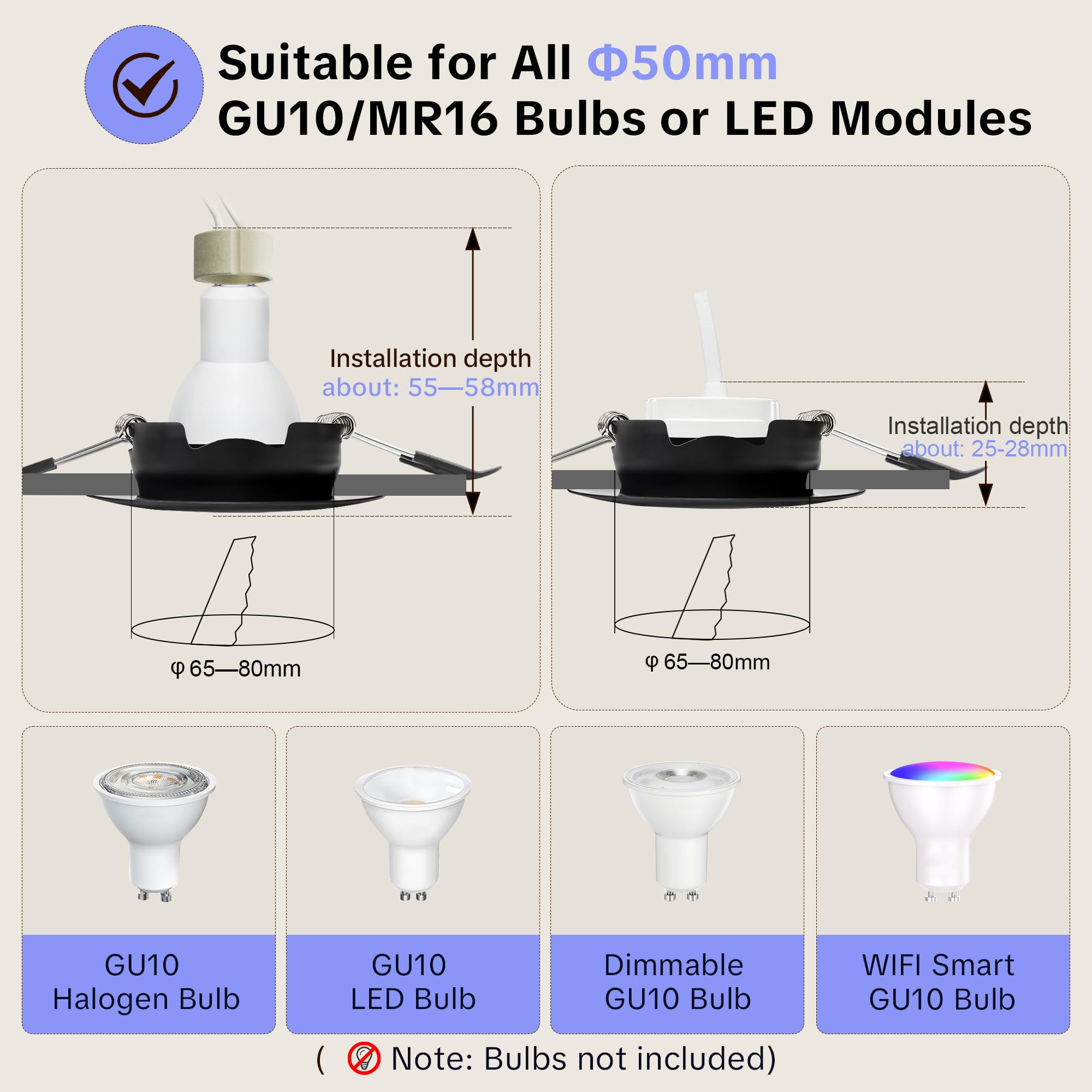 10 x Marco Foco Empotrable GU10, Marco Focos Negro Redondo, 45° Orientable Ojos de Buey, Foco Empotrable LED Techo 230V con Portalámparas GU10 para Lámparas de LED o Halógena