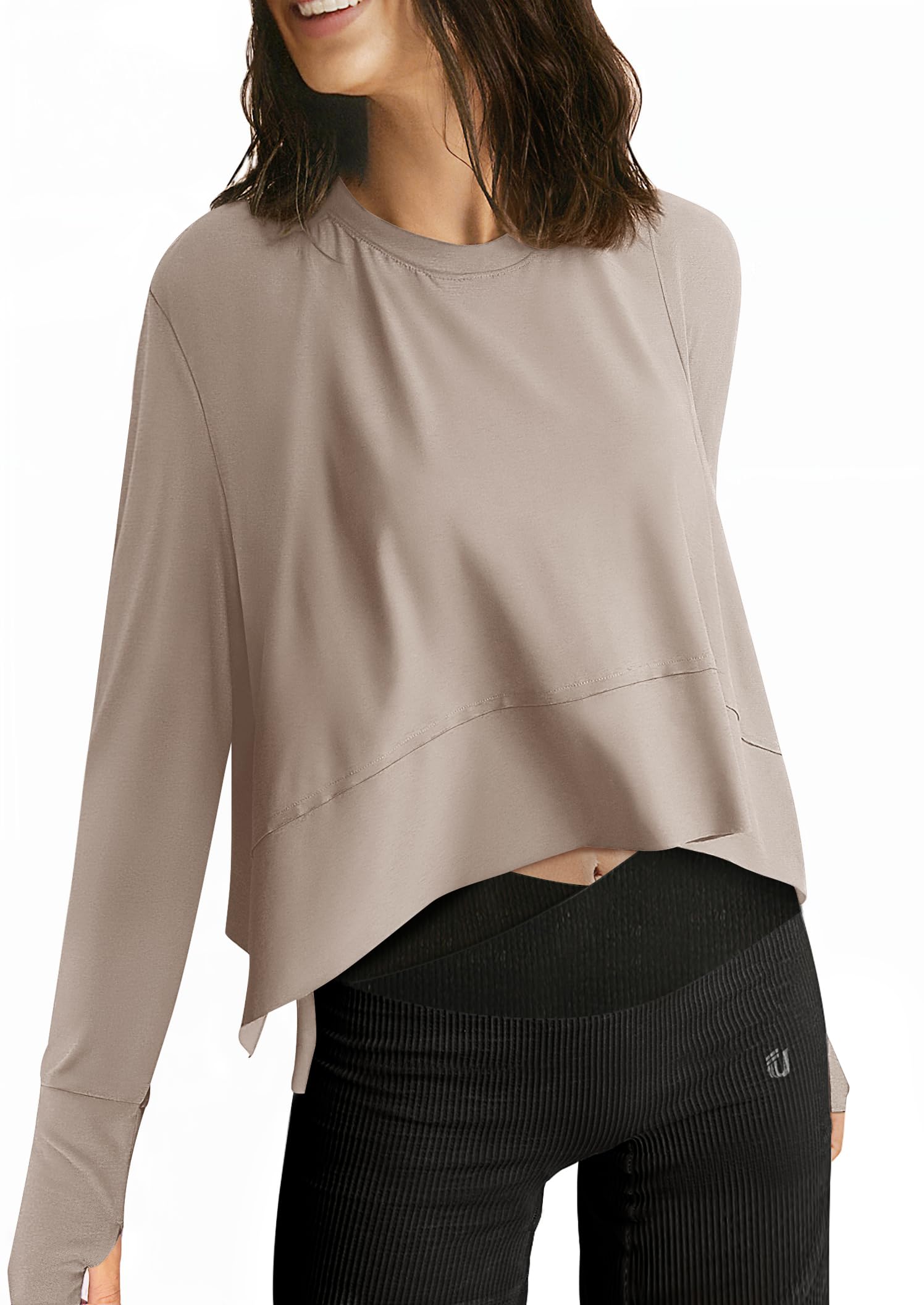 UEU Women's Crop Tops for Yoga Workout Athletic, Ice Cool Feeling Long Sleeves Shirts, Flowy Split Side Slit Oversized