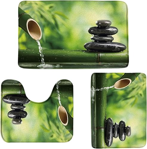 Miniatura 2 de Juego de 3 tapetes de baño de jardín zen de bambú verde piedra negra con temática de spa de plantas que fluyen agua paisajes de baño, brida de