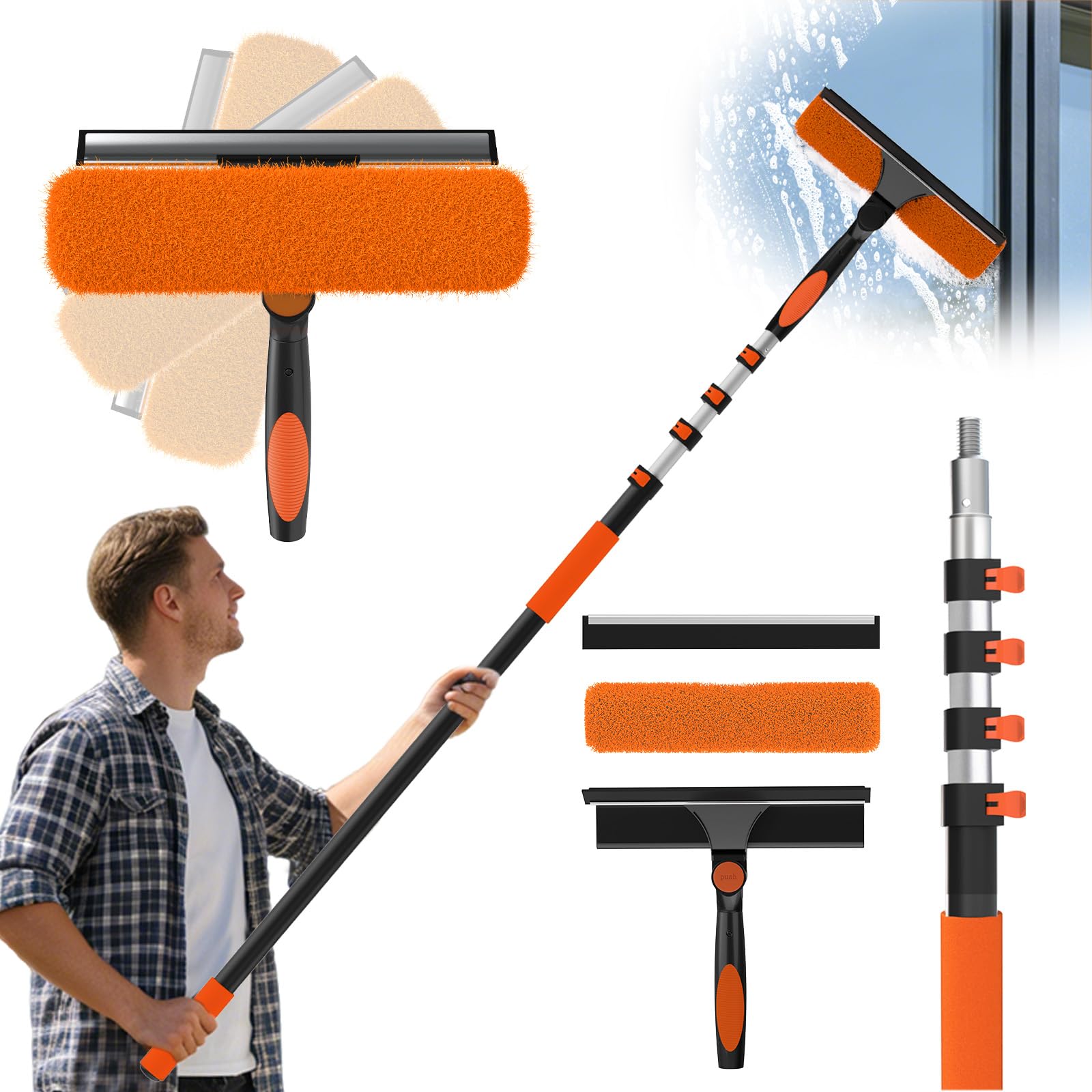 Photo 1 of 25FT Reach Window Squeegee Kit with Extension Pole, 2-in-1 Professional Washer for High Windows, 5-20FT Adjustable Reach, Rotatable Head for Indoor & Outdoor Use, Streak-Free Cleaning Tool for Home