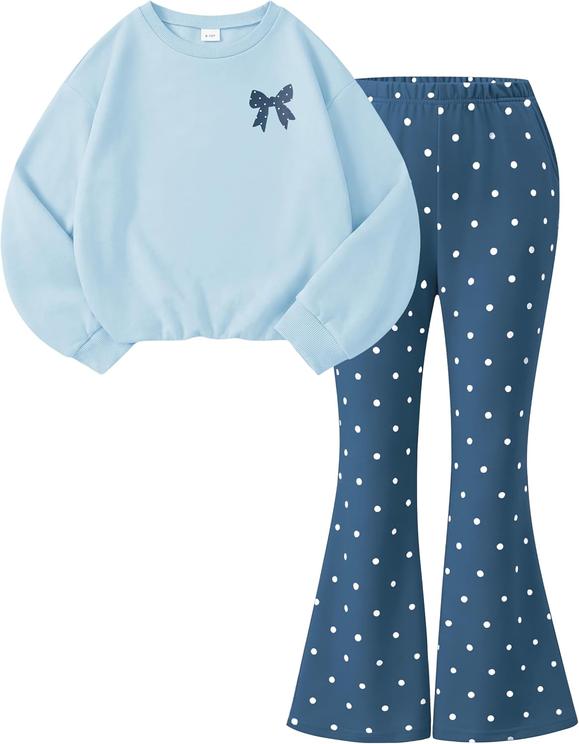 GEMLON Girls' Clothing Sets Casual Two Pieces Outfits | Long Sleeve Round Neck Bows Printed Tops, Dots Flared Pant Two Piece Set, School Holiday Clothes, Trendy Fall Outfit 6-14Y