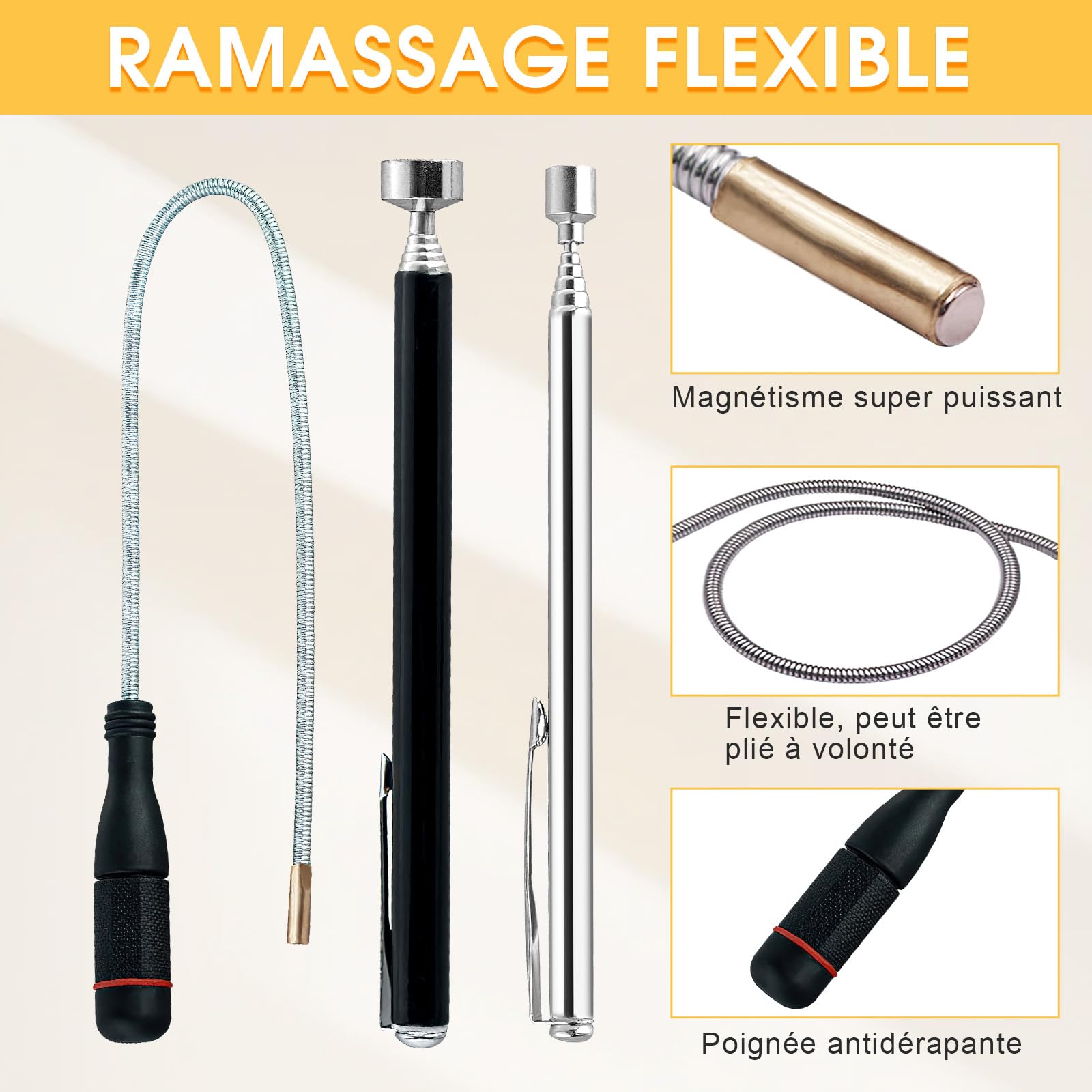 VEGCOO 3Pcs Herramientas de Recogida Iman Flexible Telescópicas Magnéticas 1.5LB 3LB 5LB, Herramientas Taller Mecanico Iman Telescopico Recogedor Magnético Para Recoger Piezas