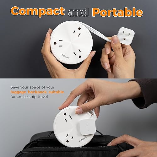 Miniatura 2 de TESSAN Cable de extensión corto de 2 pies con 3 salidas de CA, 3 puertos USB (1 USB C), regleta de alimentación de enchufe plano pequeño, estación