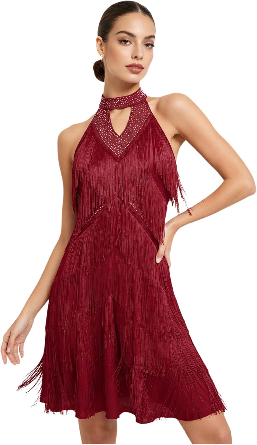 Women Latin Tango Dance Dress Sleeveless Backless Halter Rhinestones Samba Ballroom Dancewear