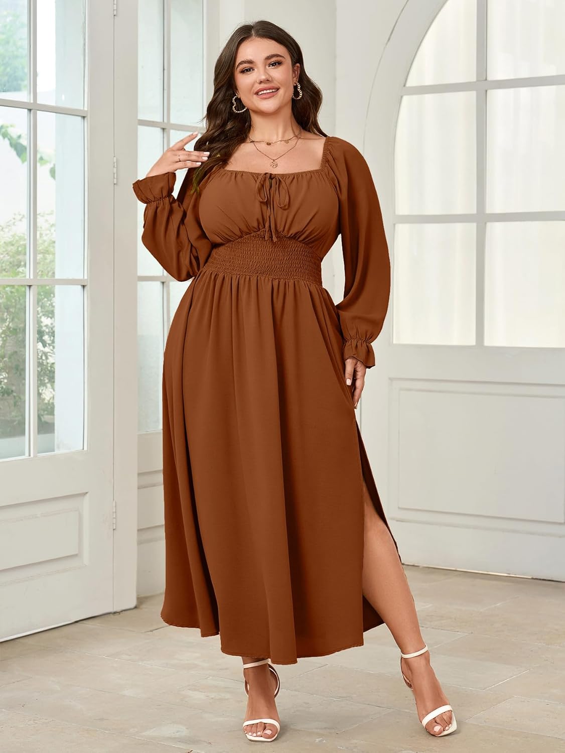 Women's Plus Size Dress Long Sleeve Smocked Dress Square Neck Tie Front Split A-Line Maxi Long Dresses - Image 3