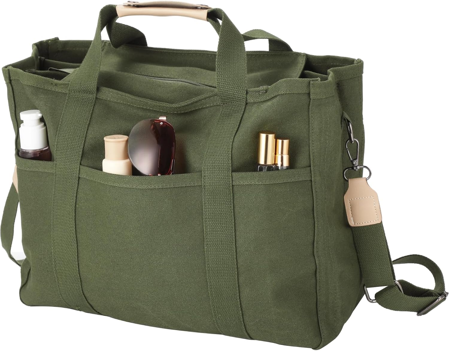 Large Canvas Tote Bag for Women, Green Utility Shoulder Handbag with Handle & Adjustable Strap, Multi-Pocket for Travel Work Shopping, 14.6 x 11.8 x 6.7 in