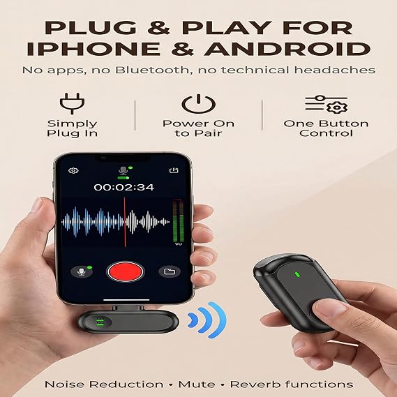 3 in 1 Wireless Lavalier Microphones for iPhone/Android/Camera, 2 Pack Mini Microphone LED Display Lapel Omnidirectional Mic with Mute/Reverb/Noise Reduction for TikTok/Podcast/Vlog Recording