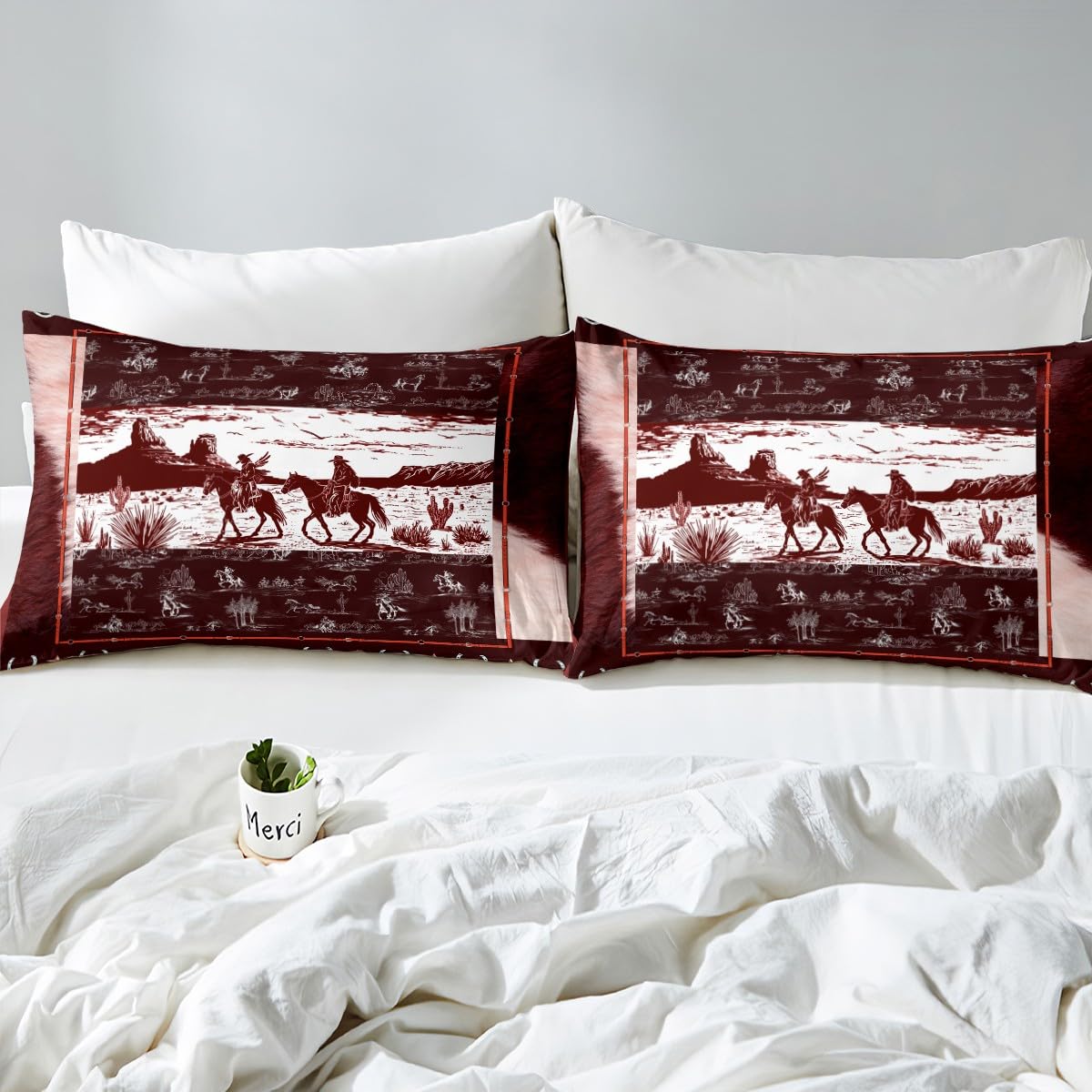 Loussiesd Red Brown Western Decor Duvet Cover Super King Size Wild West Cowboy Bedding Set Horse Desert Rodeo Cowboy Style Comforter Cover Set Decor Horseshoes West Texas Star Bedspread Cover - Image 4