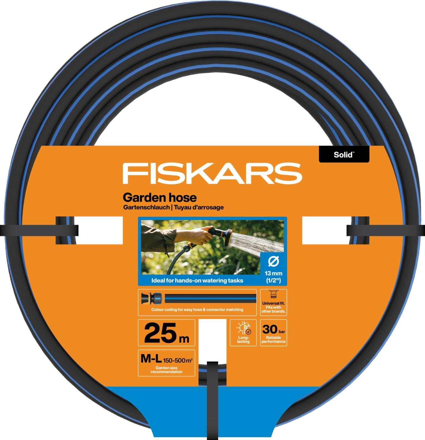 Fiskars Wąż ogrodowy M-L, Solid, wąż do ręcznego podlewania, 13 mm 1/2, długość: 25 m, uniwersalne złącze, ochrona przed promieniowaniem UV, ochrona przed mrozem, odporny na skręcanie, niebieski