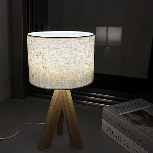 Miniatura 4 de Lámpara de mesa con trípode, pequeña y bonita lámpara de noche con pantalla de lino beige, lámpara de mesita de noche para guardería, dormitorio,