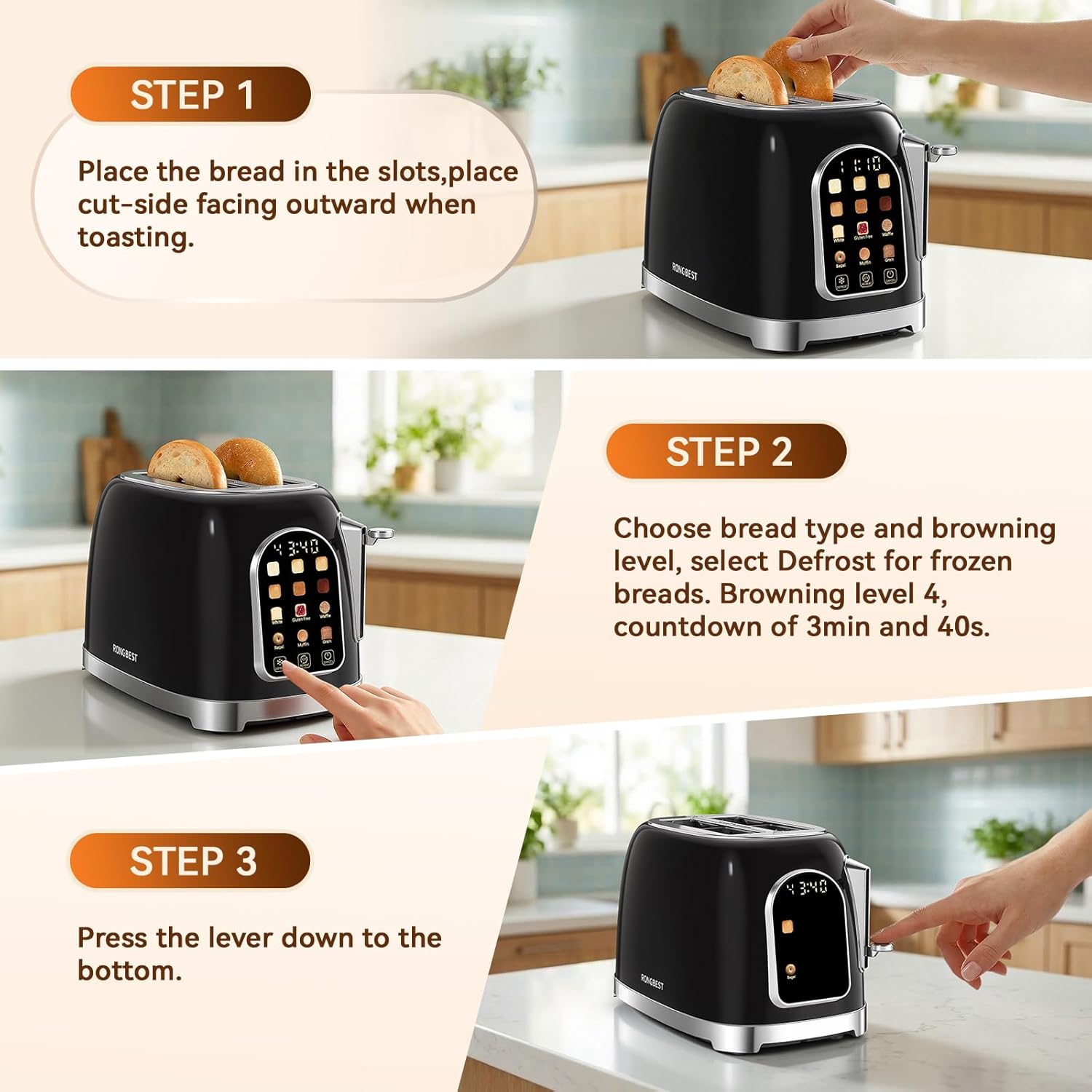 RONGBEST Retro 2 Slice Toaster Wide Slot Stainless Steel Touch Screen with 6 Browning Levels for Bagel & Bread, Reheat & Defrost, Easy Removable Crumb Tray, Jet Black