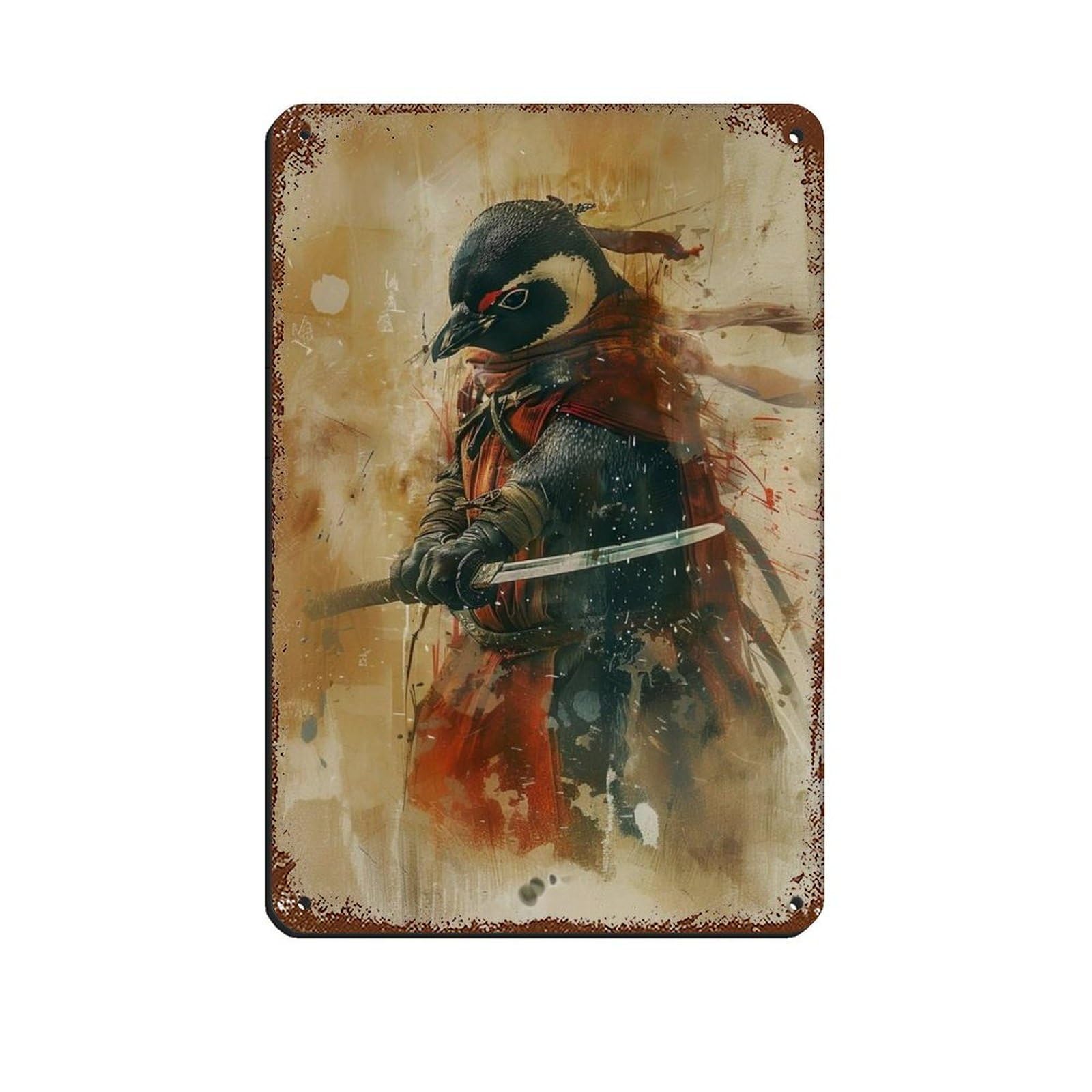 Ninja Penguin Holding A Katana Sword Retro Poster Metal Tin Sign Chic Art Retro Iron Painting Bar People Cave Cafe Family Garage Poster Wall Decoration 8x12inch(20x30cm)