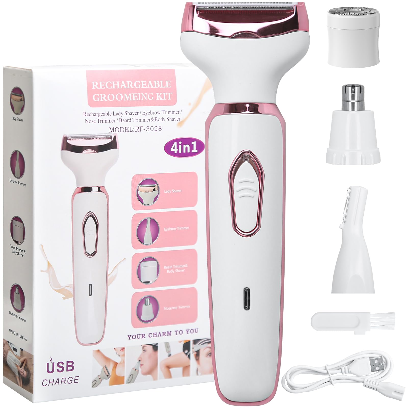 Koeutoze Afeitadora Eléctrica para Mujer, 4 in 1 USB Recargable Eléctrico Depiladora sin Dolor, Recortadora Femenina Electrica Impermeable, Rasuradora Mujer para Cara, Nariz, Axilas, Piernas, Bikini