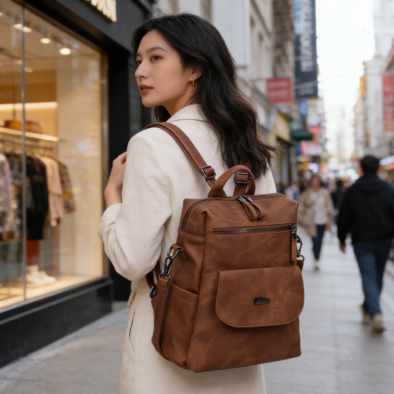 Zaino Donna Vintage in PU Marrone, Doppia Spalla Antitaccheggio