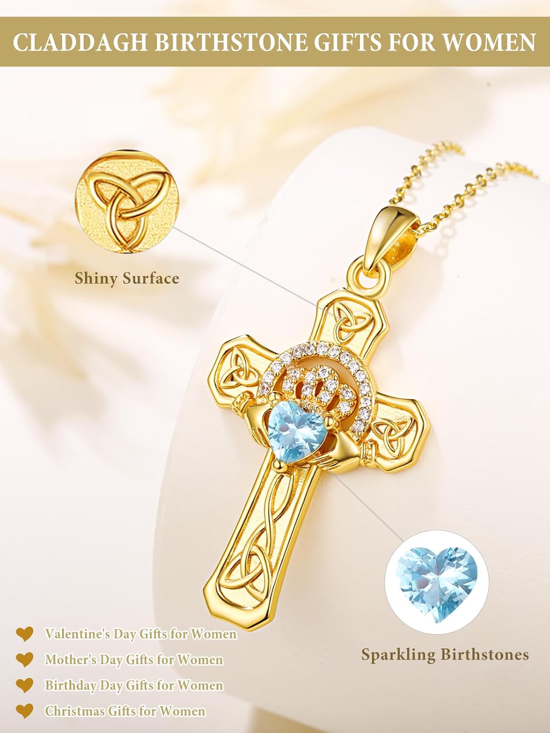 Claddagh Cross Necklace Aquamarine Birthstone Celtic Knot Irish Cross Pendant Necklace 14K Gold Plated Jewelry Valentines Mothers Day Anniversary March Birthday Gifts for Mom Her Wife Girlfriend