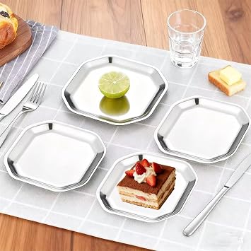 5.3x5.3 Inch Square Appetizer Plates, 4 Pcs Thick Stainless Steel Dinner Plates, Silver Serving Trays for Dessert, Pasta, Sushi, Fruit, Dishwasher Safe
