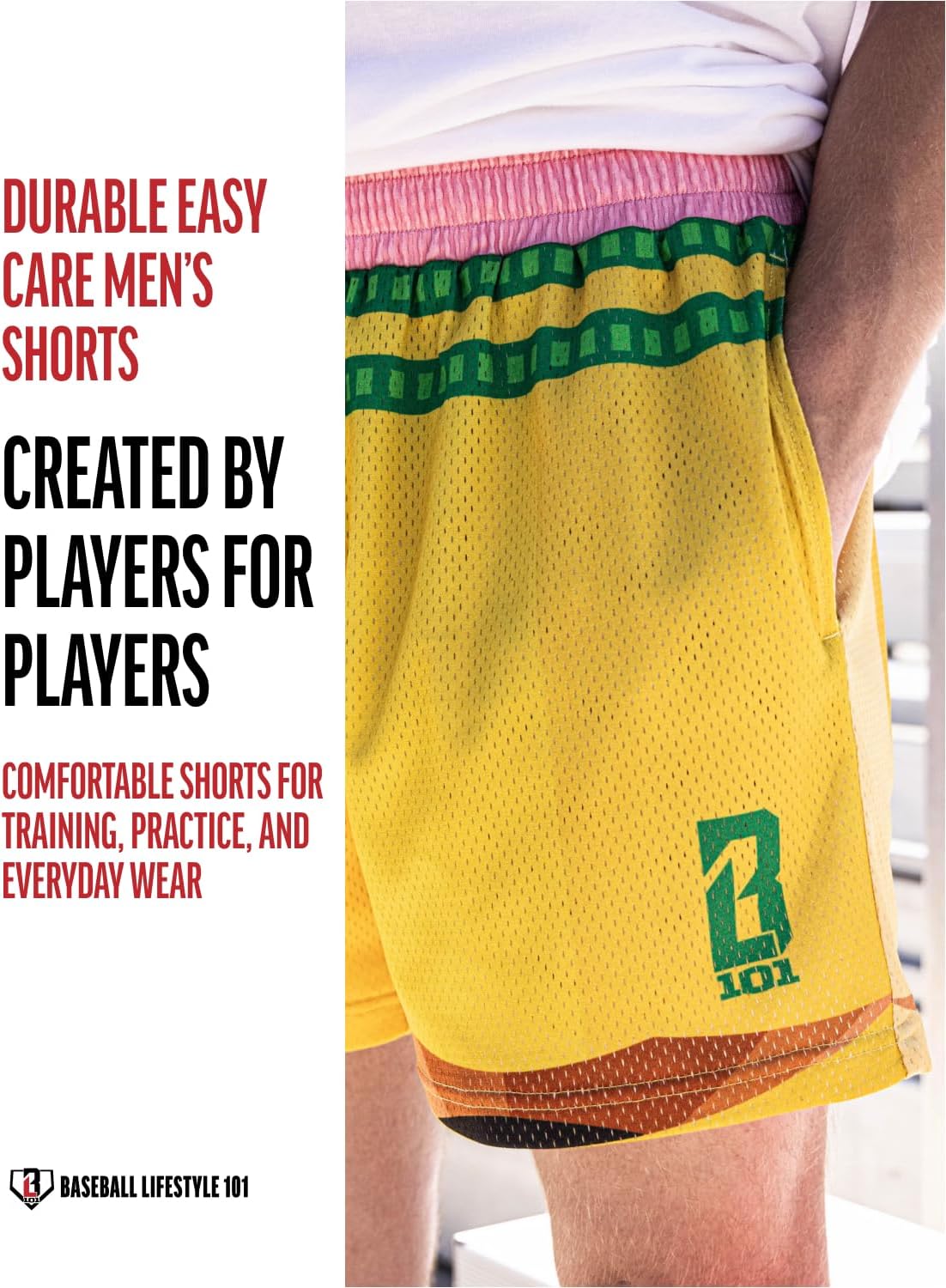 Baseball Lifestyle 101 Men's Pencil Mesh Shorts with Side Pockets and Elastic Waist, 5 inch Inseam, Adult Sizes S-2XL