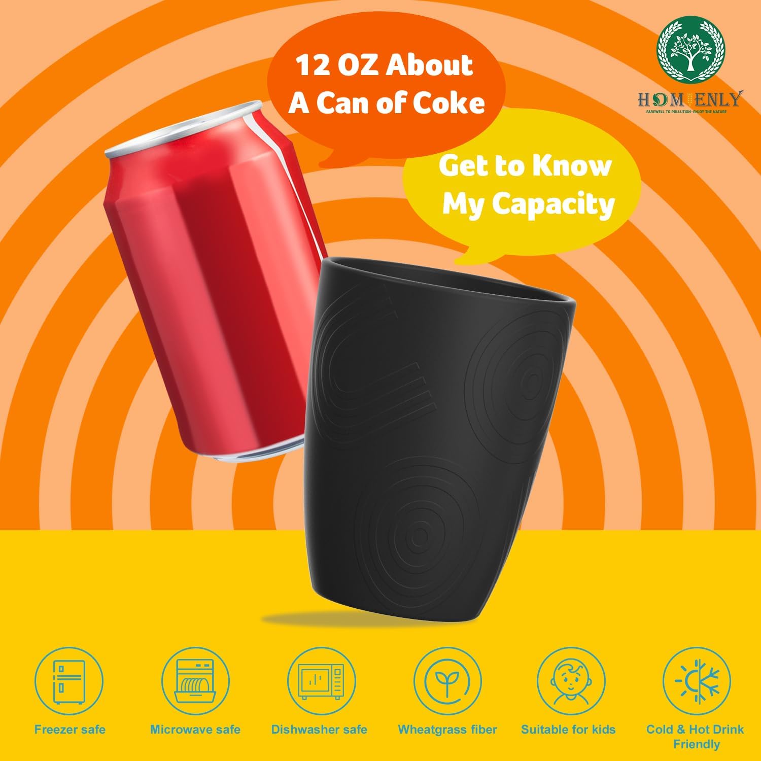 Homienly Wheat Straw Cups 8 PCS Plastic Cups Unbreakable Drinking Cup Reusable Dishwasher Safe Water Glasses with Black Colors (12 OZ) - Image 5