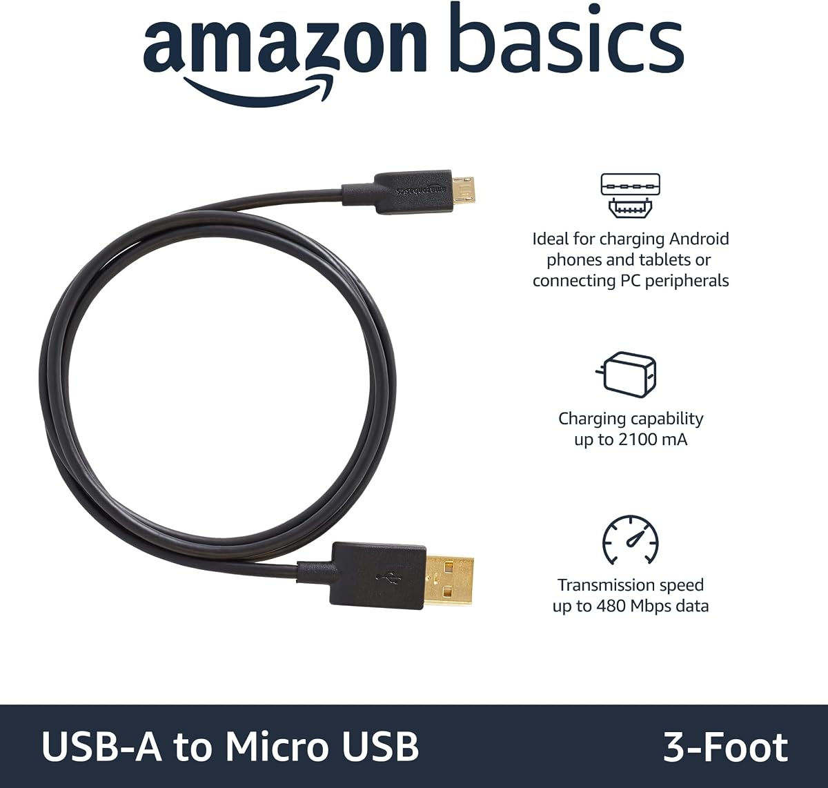 Amazon Basics USB-A to Micro USB Charging Cable, 480Mbps Transfer Speed with Gold-Plated Plugs, USB 2.0, 0.9 m, Black