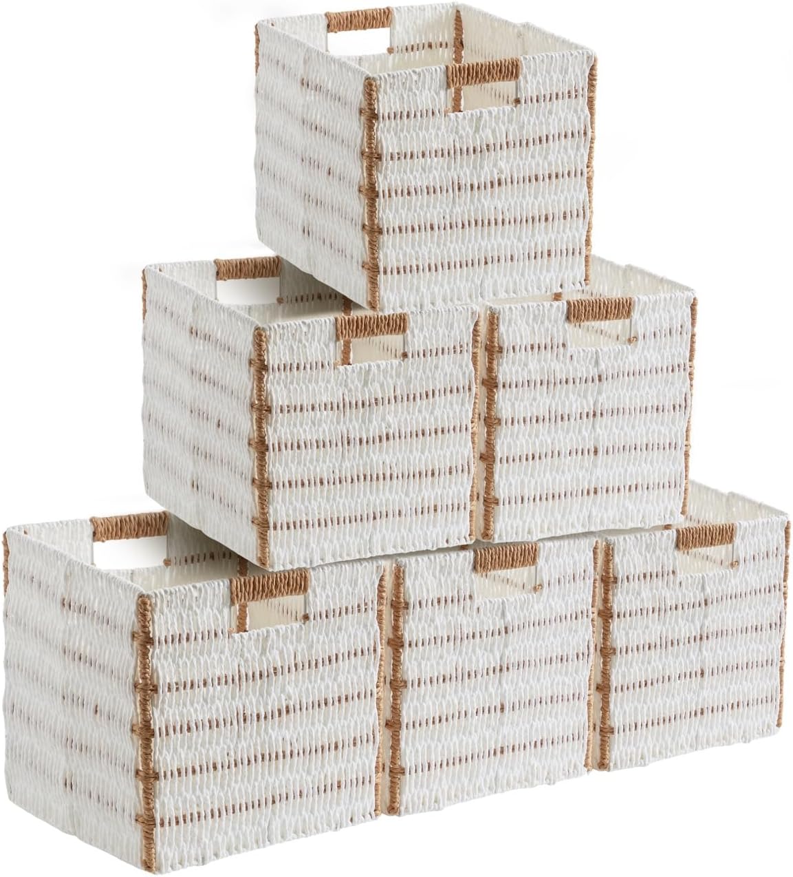 Ornavo Home Wicker Storage Cubes Bin, 13 x 13 Inch Storage Cubes Shelf Basket Collapsible Natural Hand Woven Paper Kallax Storage Cube Bin with Handles - Set of 6, White/Brown