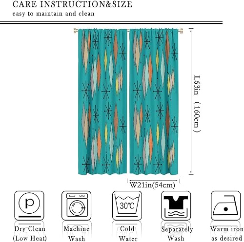 Miniatura 2 de Kazynee Cortinas opacas modernas de mediados de siglo con bolsillo para barra, fondo abstracto esmeralda con estampado geométrico de diamantes de