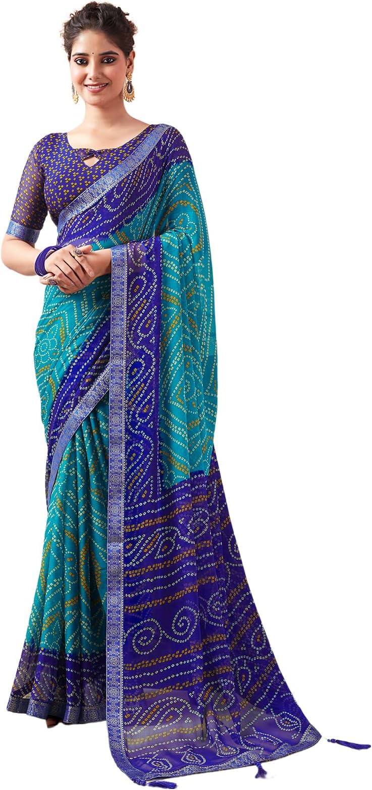SAMAH Women's Bandhani Printed | Leheriya Printed Chiffon Saree with Unstitched Blouse Piece