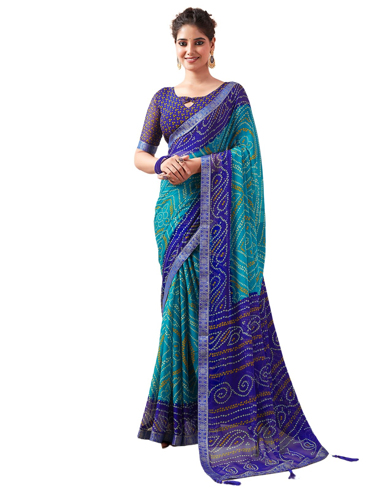 SAMAH Women's Bandhani Printed | Leheriya Printed Chiffon Saree with Unstitched Blouse Piece