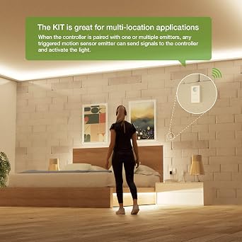 RAYZEEK Wireless Motion Sensor Controller Kit - No Wiring Mini PIR Sensor Switch 12/24VDC RF Wireless Control Led Strip Lights with Dimmable, Timer for Stairway