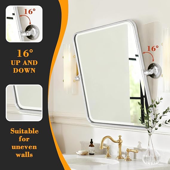 Besdomus Bathroom Pivot Wall Mirror: 20x24 Modern Tilt Beveled Silver Leafing Vanity Mirror - Ideal for Bathroom Remodeling - Rectangle Metal Framed for Master Room - Horizontal/Vertical Mount