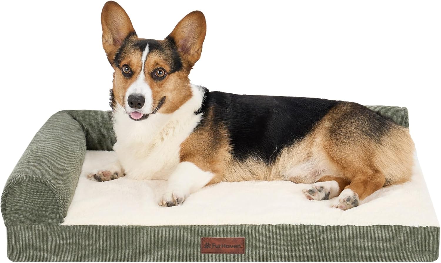 FurHaven Plush & Grid Cord Deluxe L-Chaise Pet Bed, Olive, Medium