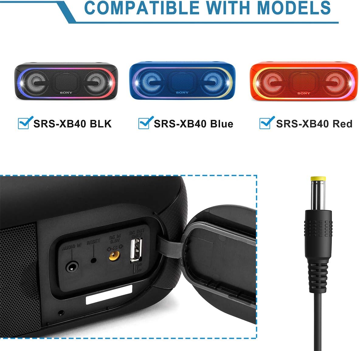 AC to DC Adapter for Sony SRS-XB40 SRSXB40 Portable Bluetooth Wireless Speaker SRS-XB40/BLK SRSXB40/BLK SRS-XB40/BLUE SRSXB40/BLUE SRSXB40/RED SRS-XB40/RED Power Supply Charger