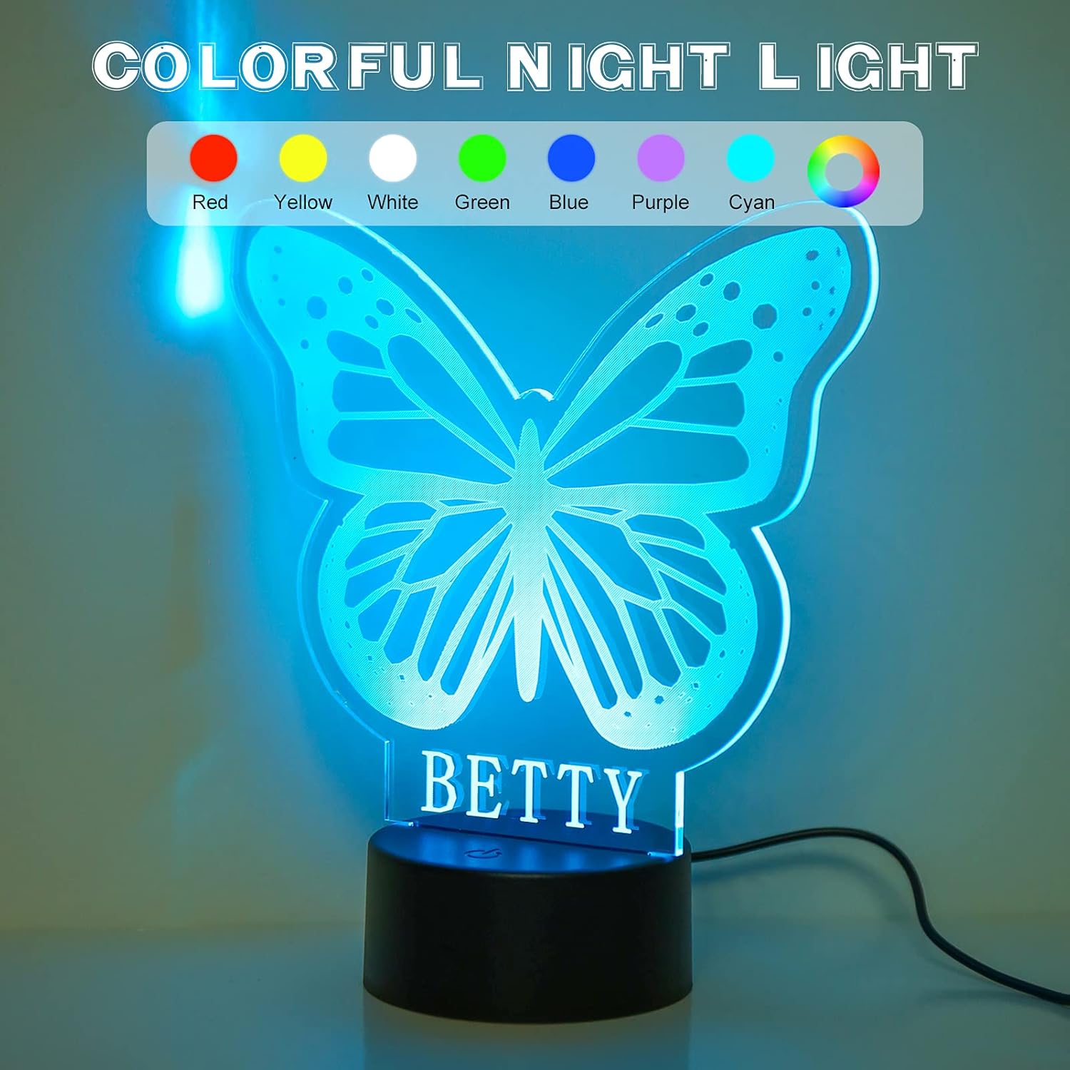 Personalized Night Light Custom Name 3D Butterfly Lamp Decor with USB Charger for Girls Bedroom Table Home Decor Colorful Butterfly Night Light for Birthday Christmas (A)