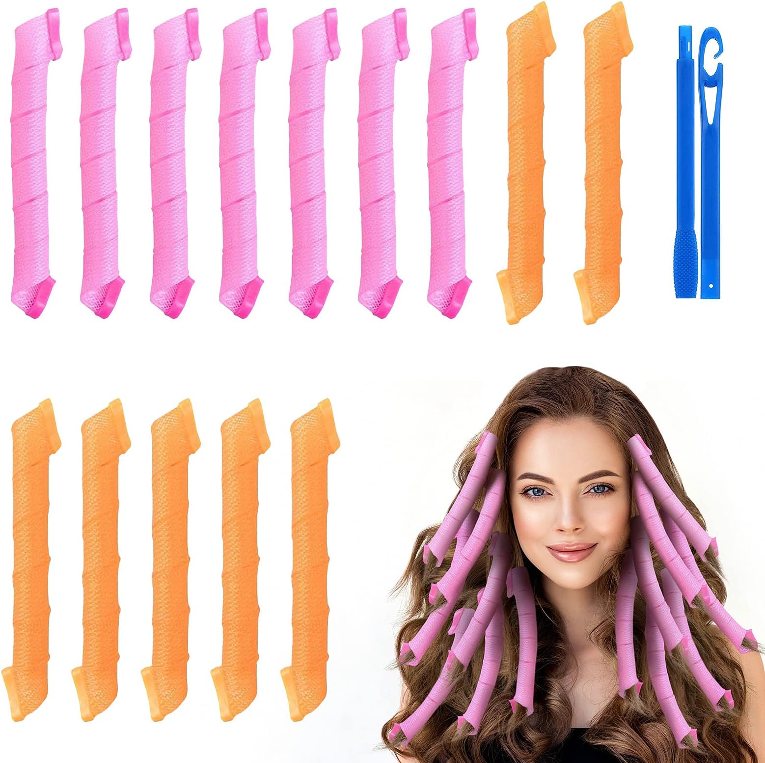 URAQT Hair Rollers, 45cm Hair Curlers Styling Kit, No Heat Spiral Curls, Wave Style Rollers for Setting Hair with Styling Hooks, No Damage DIY Hair Styling Tools for Long & Short Hair (14 Pcs)