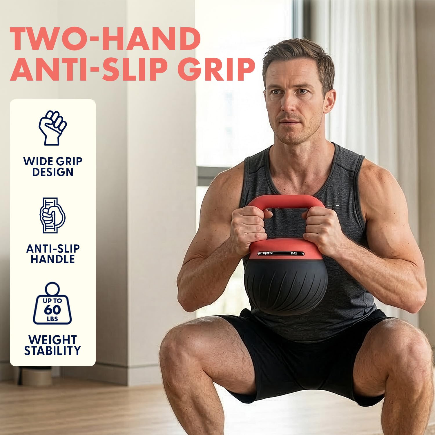 Squatz Zestaw hantli kettlebell z miękkim opadaniem do treningu siłowego w domu - zestaw kettlebell z wyściełaną podstawą i szerokim uchwytem, konstrukcja odporna na podłoże, 6,8 kg, 9,1 kg i 25