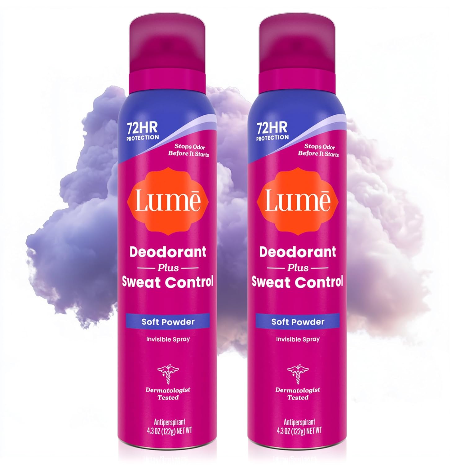 Lume Deodorant Plus Sweat Control - Invisible Spray - Extra Strength Antiperspirant For Underarms - 72 Hour Odor And Sweat Control - Phthalate and Paraben Free Formula - 2 Pack (Soft Powder)