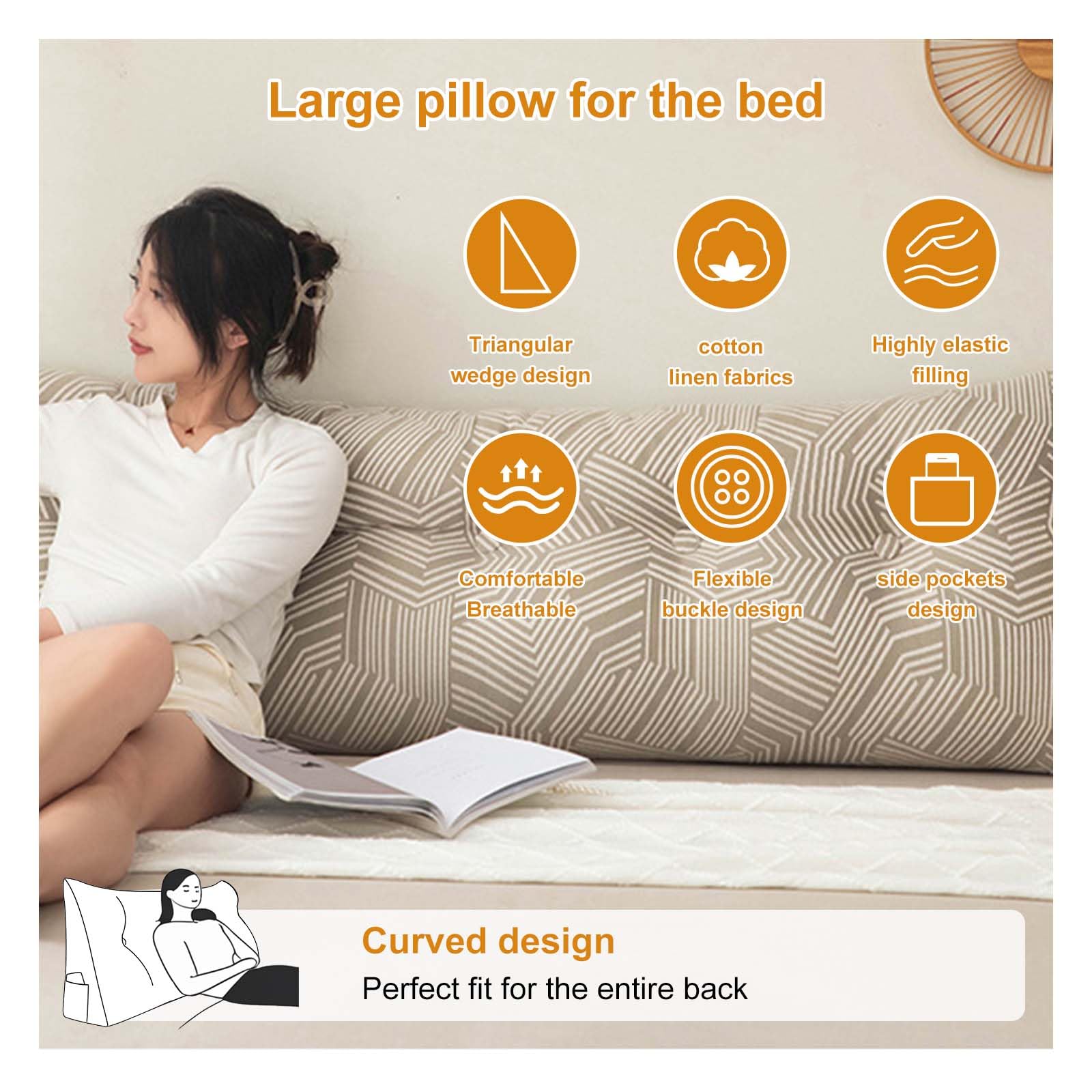 Almohada de apoyo de espalda de espuma viscoelástica con funda lavable, almohada de posicionamiento de cuña grande para apoyo lumbar y comodidad, cojín triangular con respaldo de bolsillo para cama