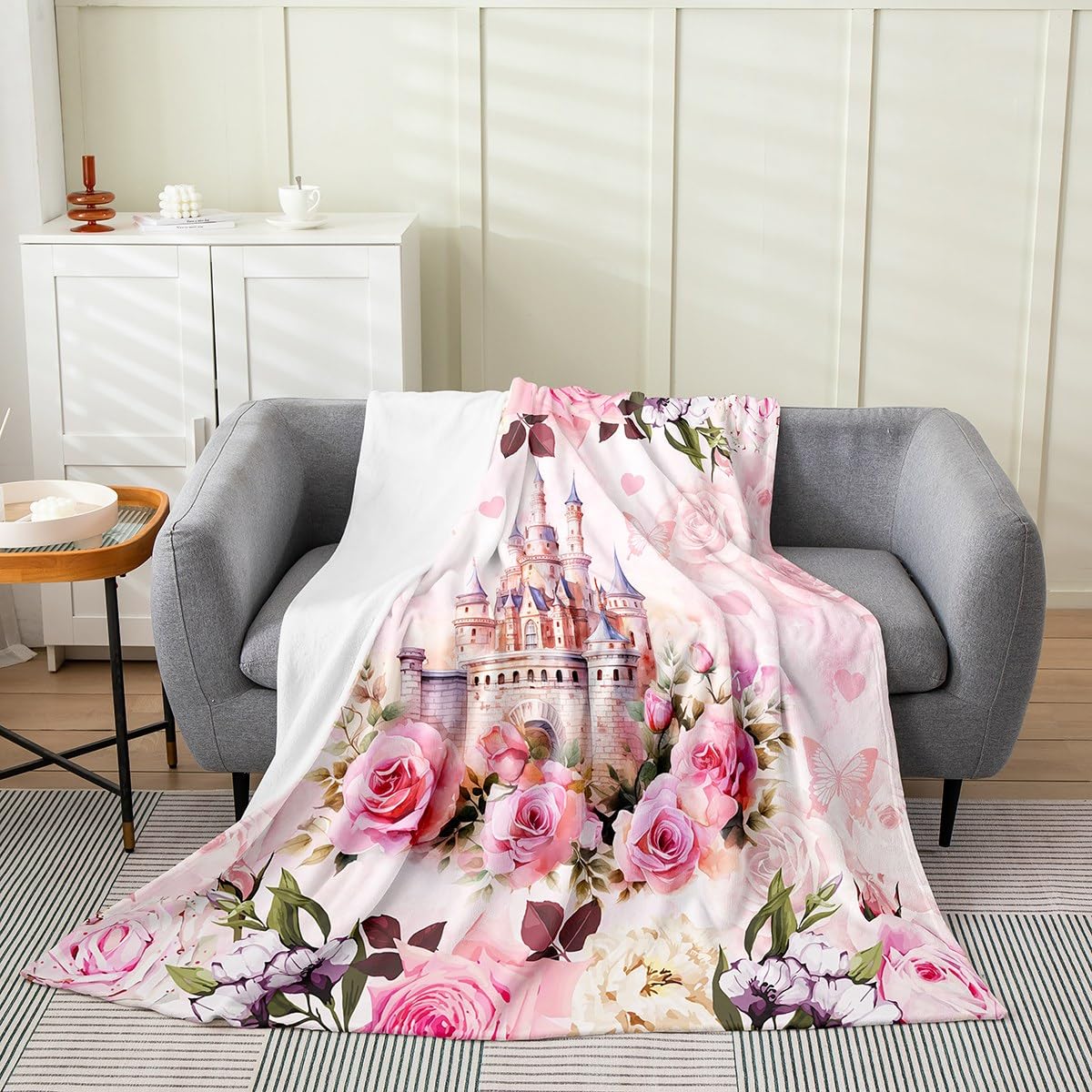 Manfei Girls Castle All Season Bed Blanket Dreamy Princess Castle Plush Throw Blanket,Pink Rose Flowers Flannel Blanket Butterfly Floral Blanket for