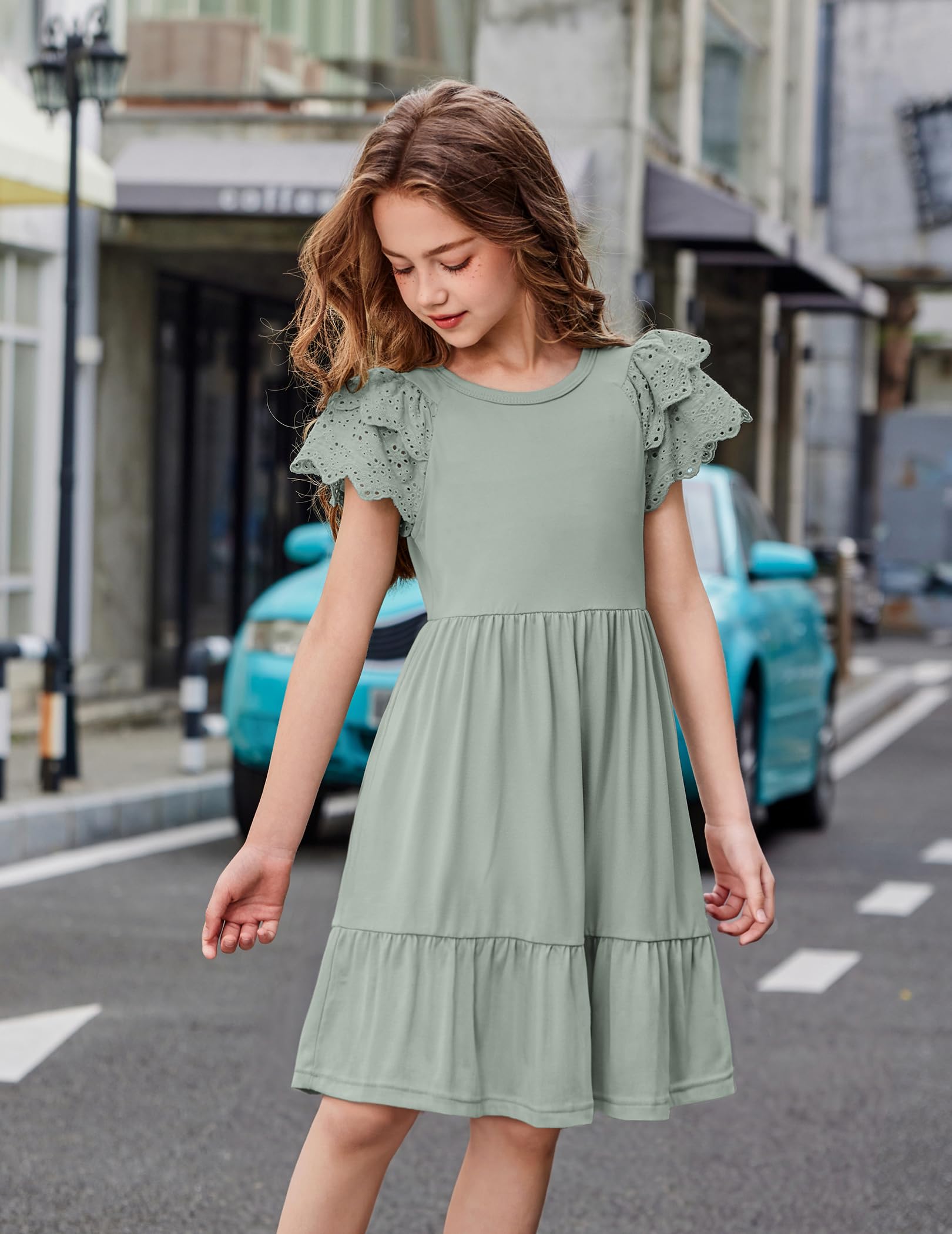Arshiner Vestido de encaje para niñas, de manga corta, de verano, acampanado, cuello redondo, vestidos de fiesta para niños, vestido de fiesta casual, vestido de noche de color sólido con bolsillo, 6