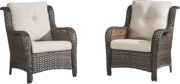 HUMMUH Patio Chairs Wicker Patio Dining Chairs Set of 2 PE Rattan Deep Seating Outdoor Chairs with 4 inch Seat Cushions(Brown/Beige)