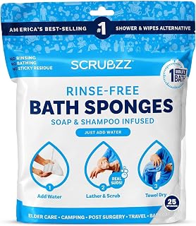 Scrubzz Disposable Rinse Free Bathing Wipes - 25 Pack - All-in-1 Single Use Shower Wipes, Simply Dampen, Lather, and Dry Without Shampoo or Rinsing