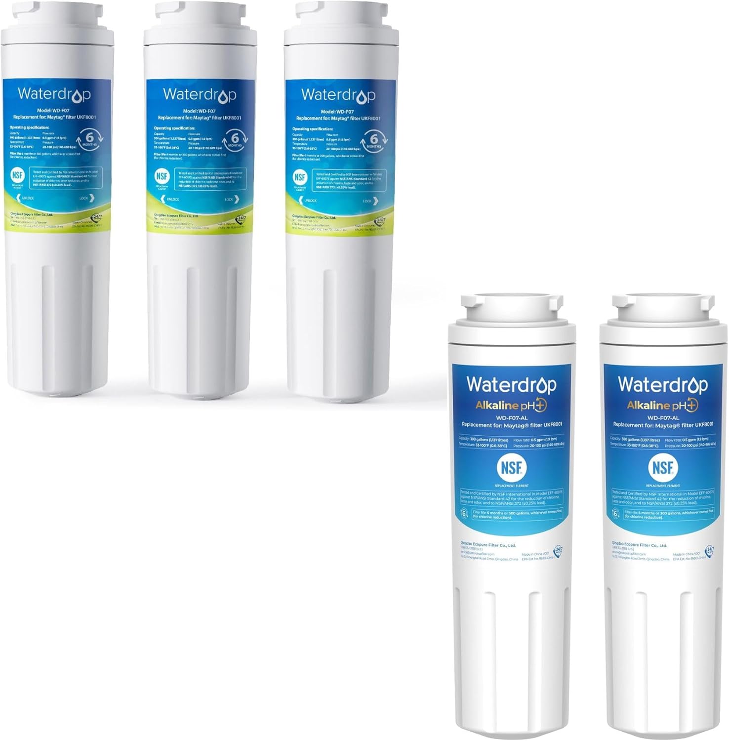 Waterdrop EDR4RXD1 Compatible with EveryDrop® Filter 4, Whirlpool® UKF8001, 3 regular and two alkaline filters