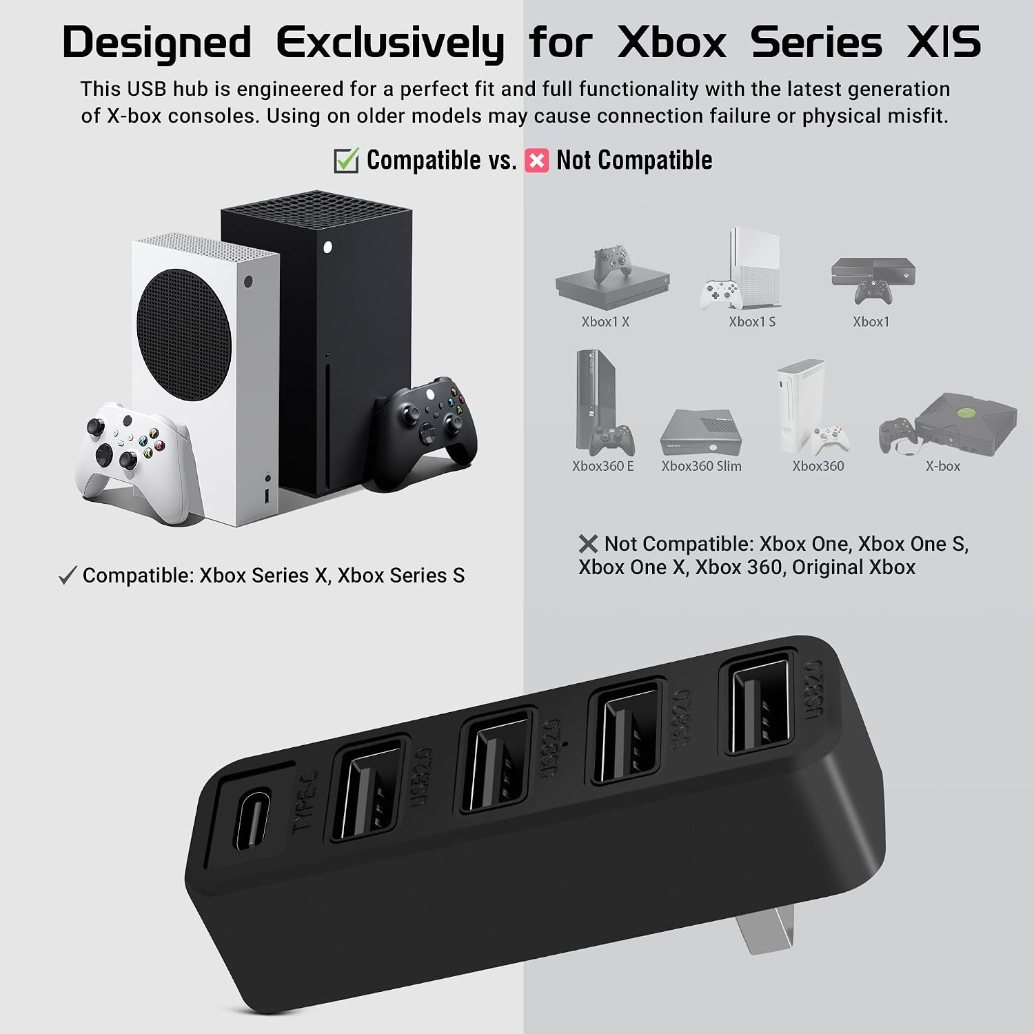 Joso USB 2.0 Hub for Xbox Series X & S, 5-Port USB Splitter Adapter with Type-C for Controller Charger, Keyboard, Mouse – Plug & Play
