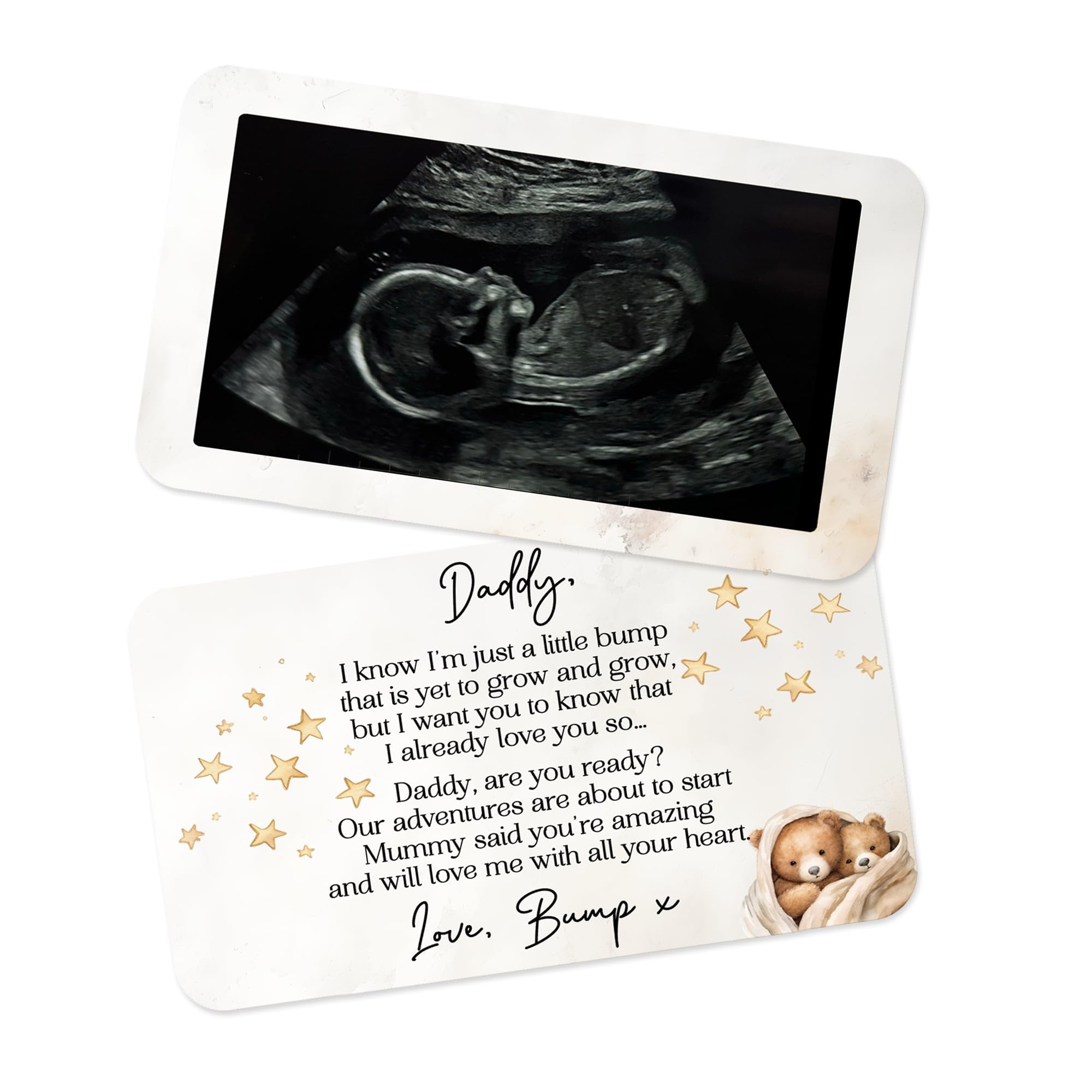 Personalised Ultrasound Wallet Card – Baby Scan Pregnancy Reveal Gift for Dad-to-Be – Upload Sonogram Photo – Metal Wallet Keepsake with Message from Bump